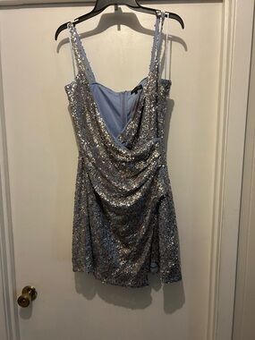 1. State Silver Sequin Draped Mini Dress with Light Blue Lining